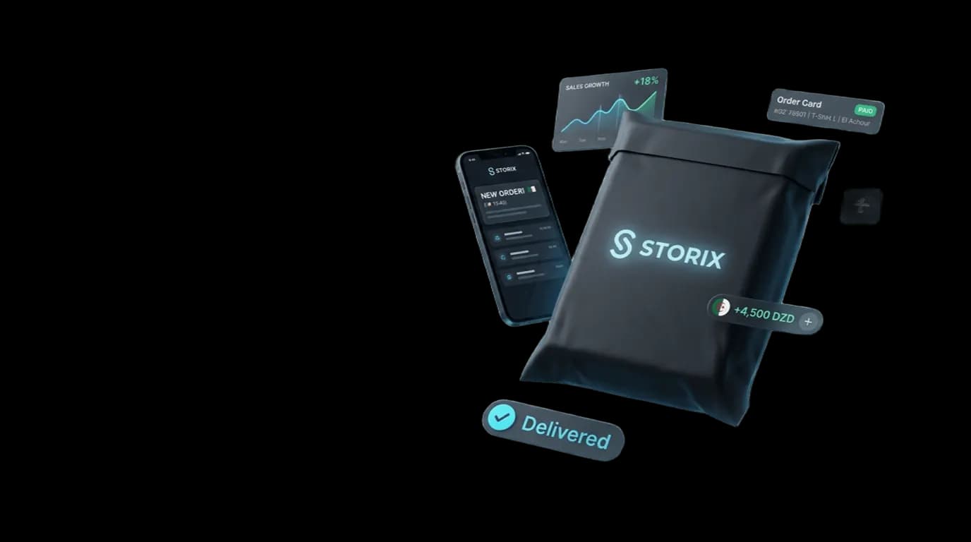 Colis Storix entouré d'un téléphone affichant une nouvelle commande, d'une carte de suivi et d'un encaissement à la livraison