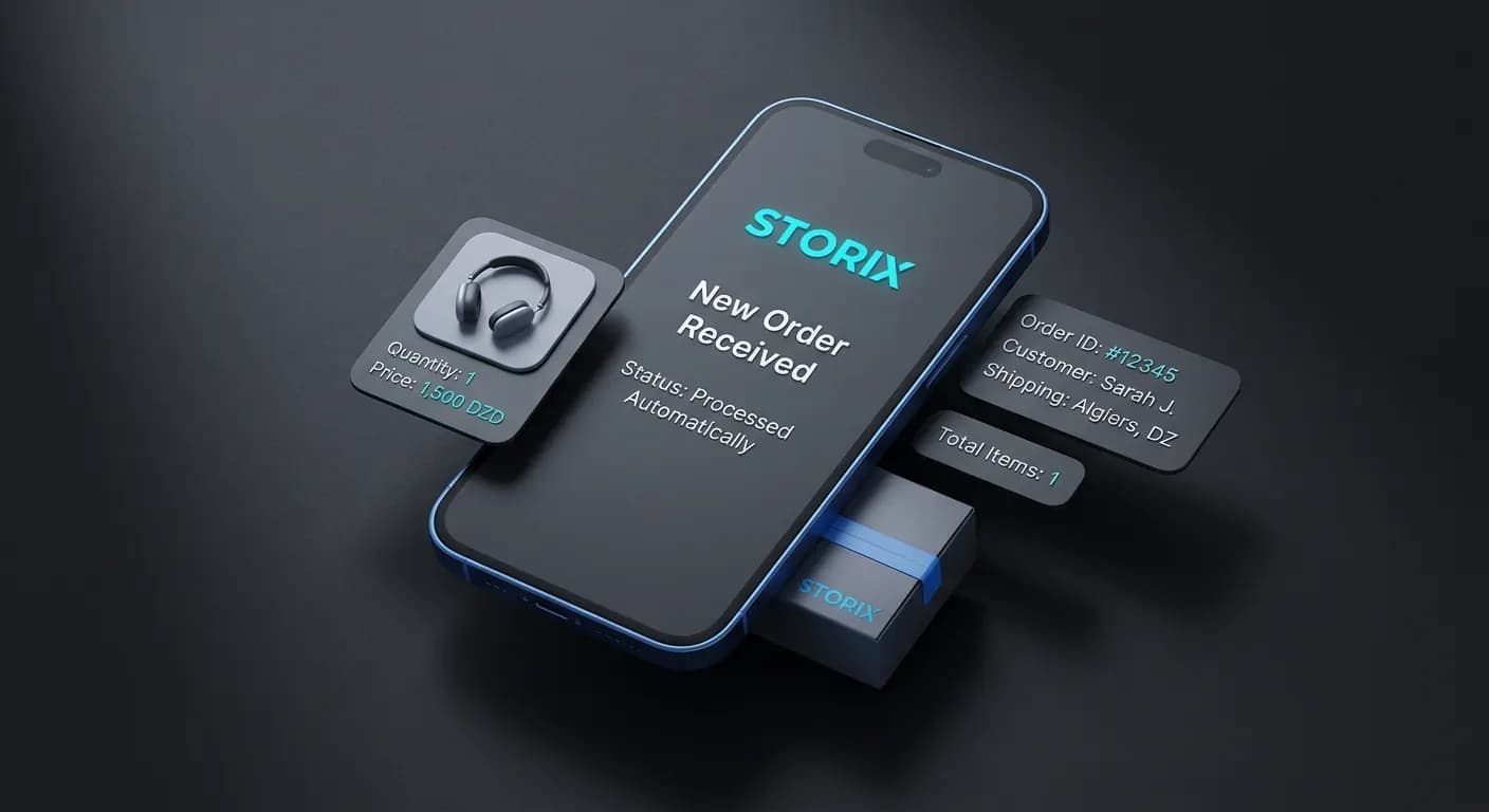Téléphone affichant une nouvelle commande reçue et traitée automatiquement par Storix
